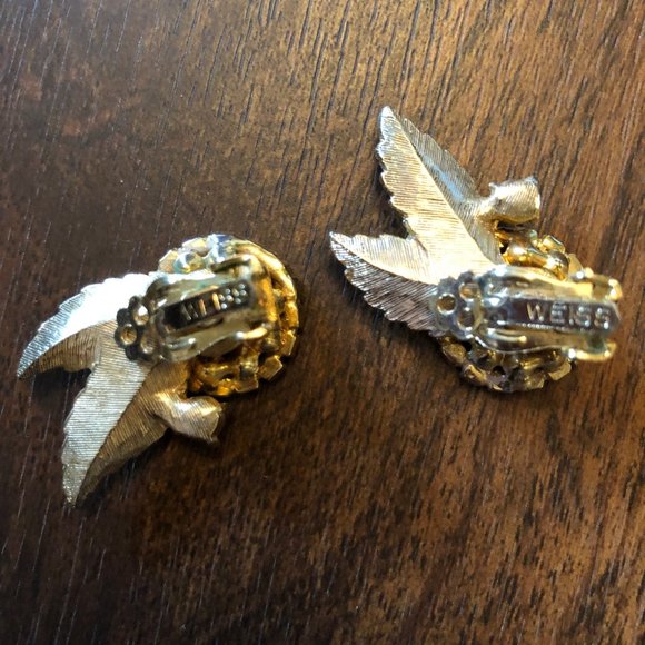 Weiss Sapphire Blue Rinestone Floral Burst Pin and Clip On Earrings. 3 pc Set - Picture 5 of 5